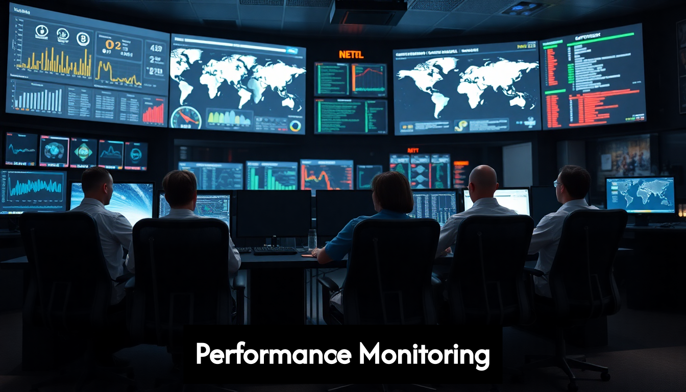 Network operations center with team monitoring screens