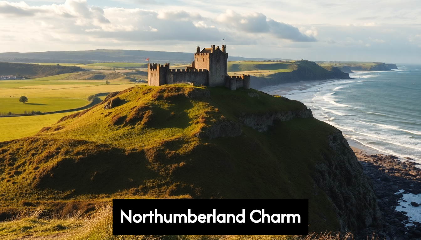 Northumberland castle with countryside and coastline