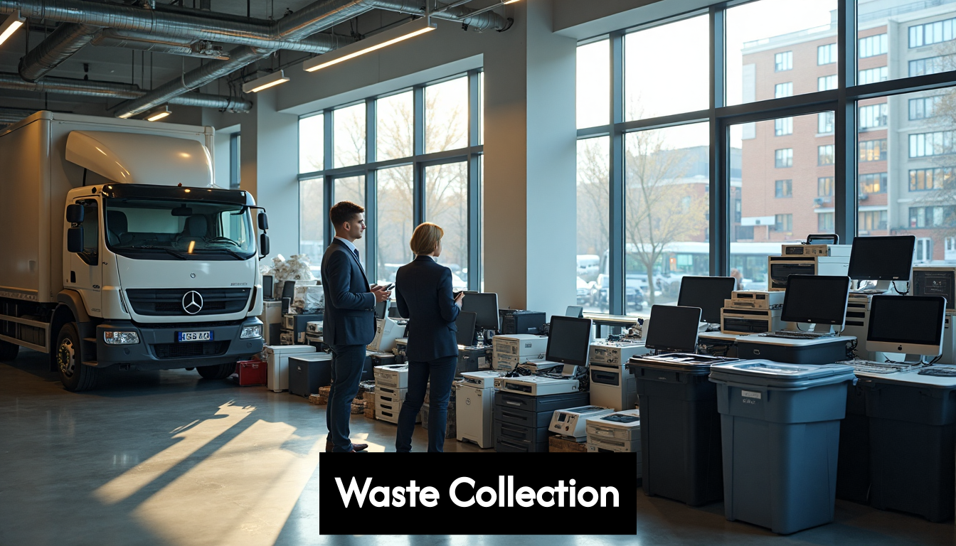 Office staff gathering electronic waste for collection