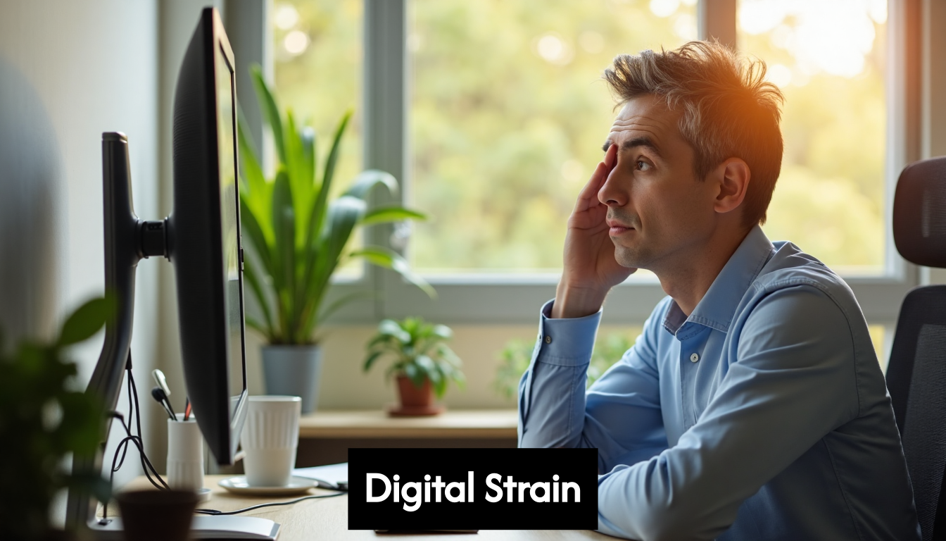 Office worker experiencing digital eye strain at desk