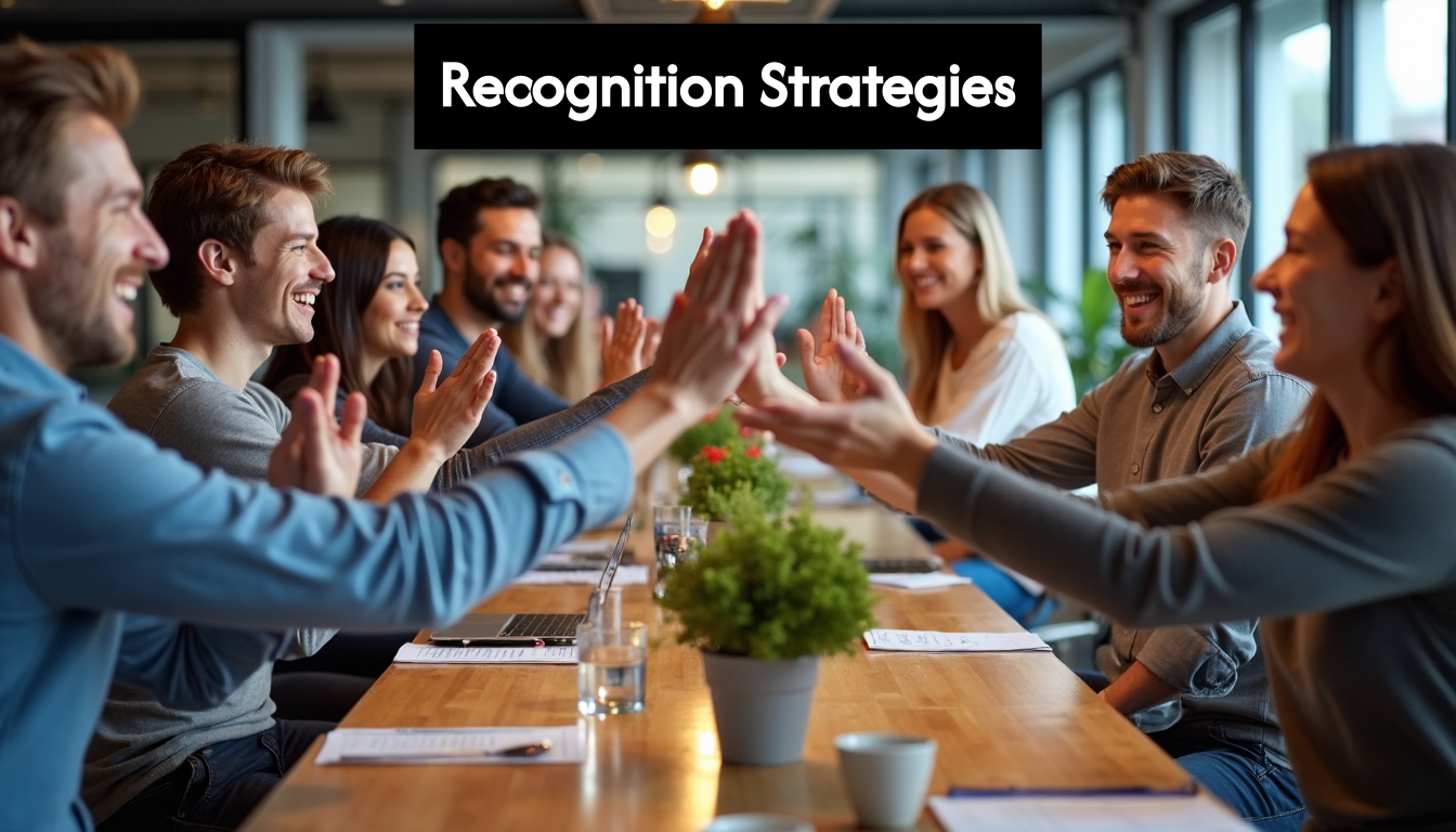 Office workers celebrating with high fives and applause