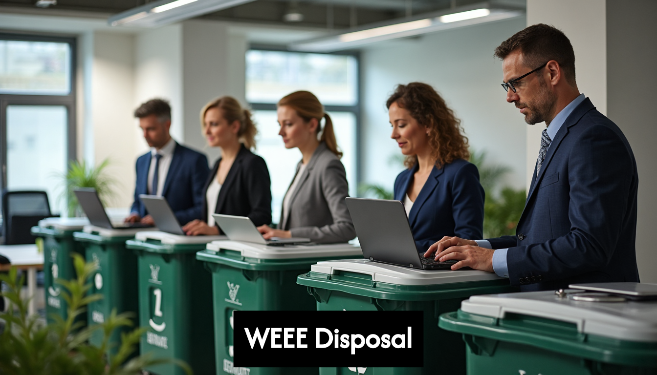 Office workers recycling electronics responsibly