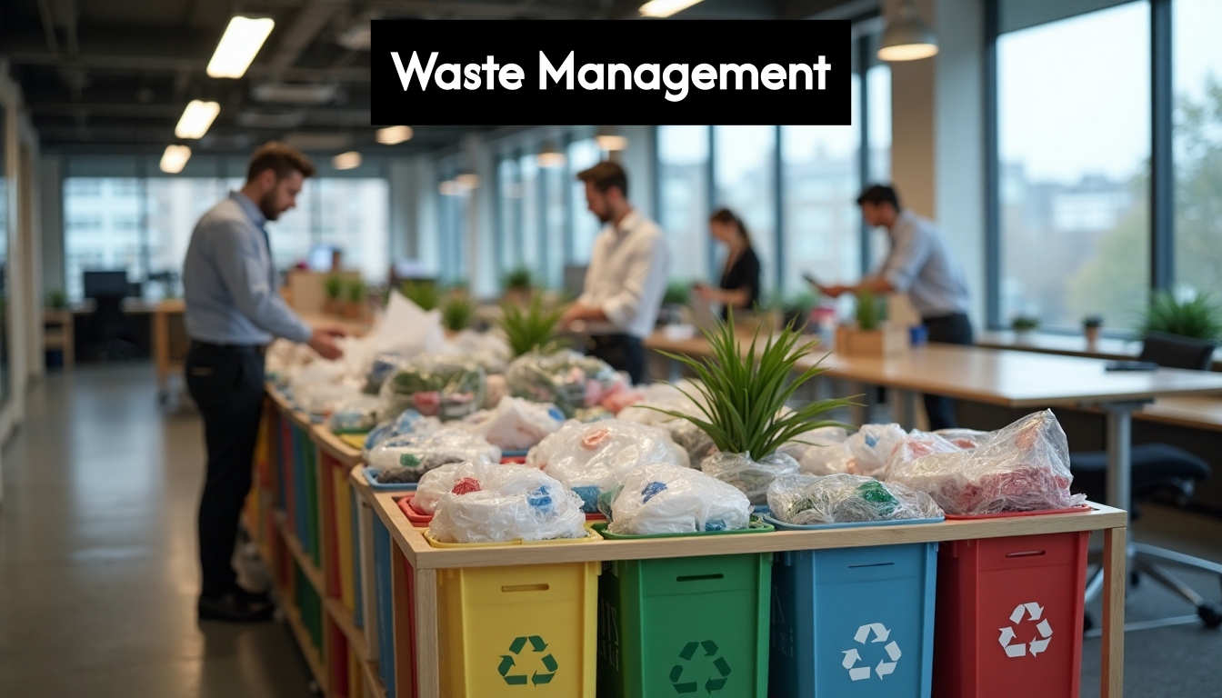 Office workers sorting recycling bins in UK business