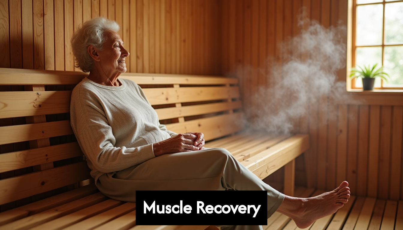 Older adult stretching and relaxing in sauna