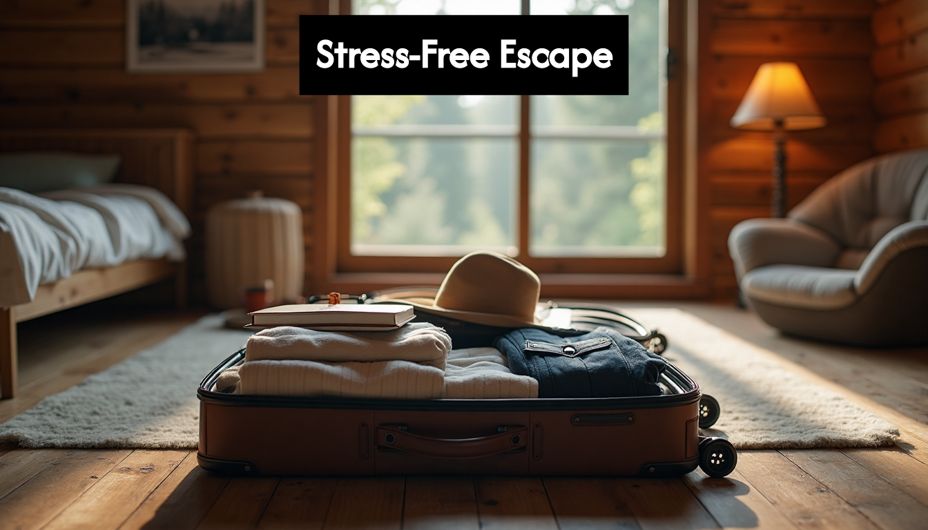 Open suitcase with travel items in cozy cabin