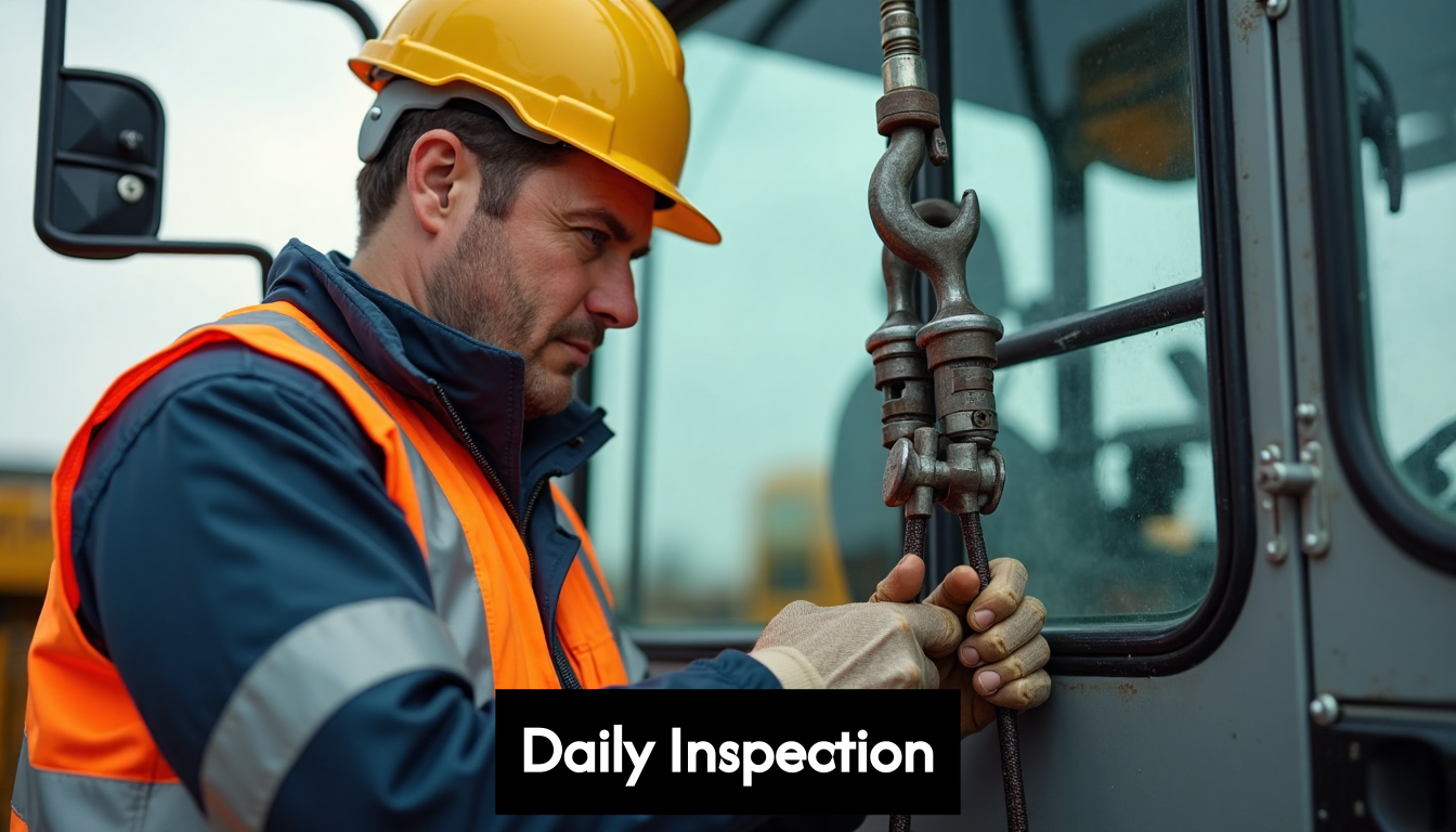 Operator inspecting crane hooks and cables