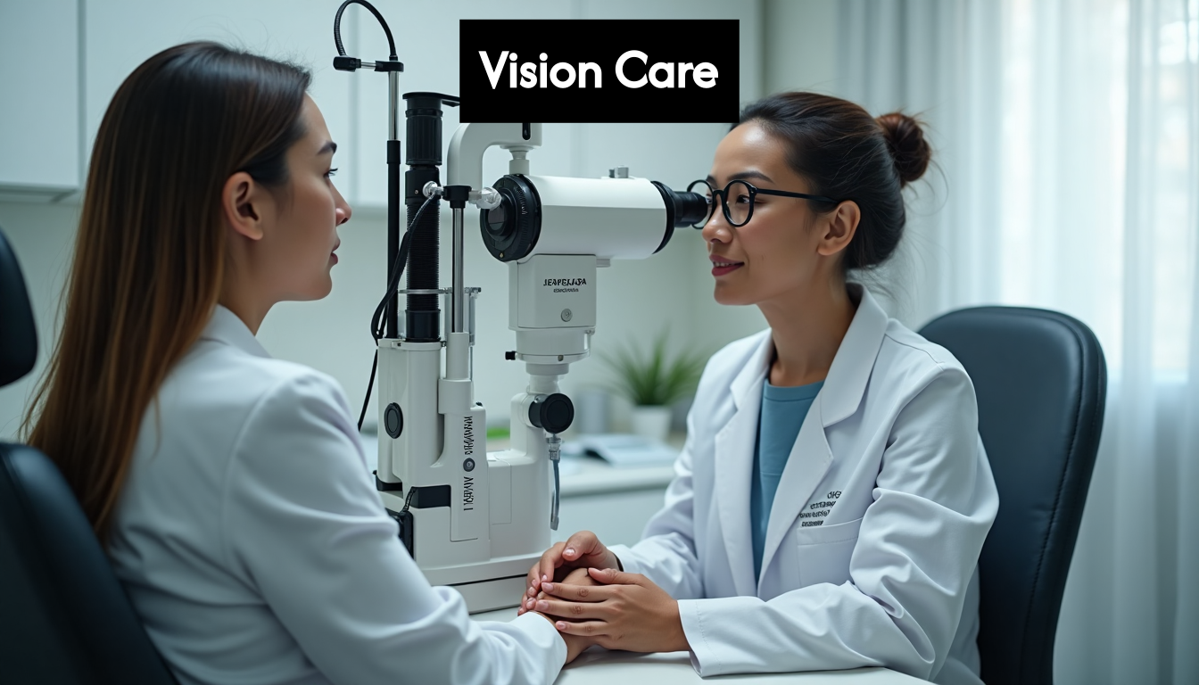Optician examining a patient's eye during an exam.