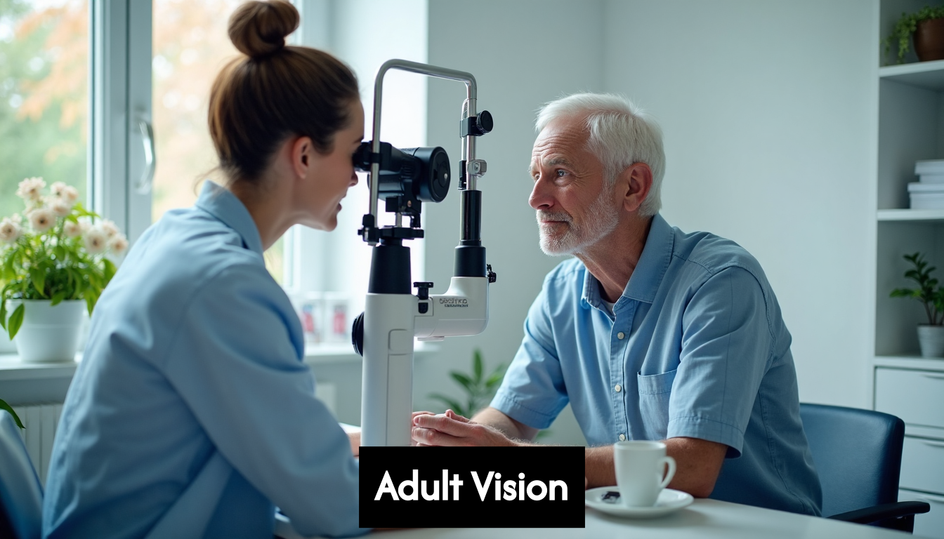 Optician performing eye exam for adult patient
