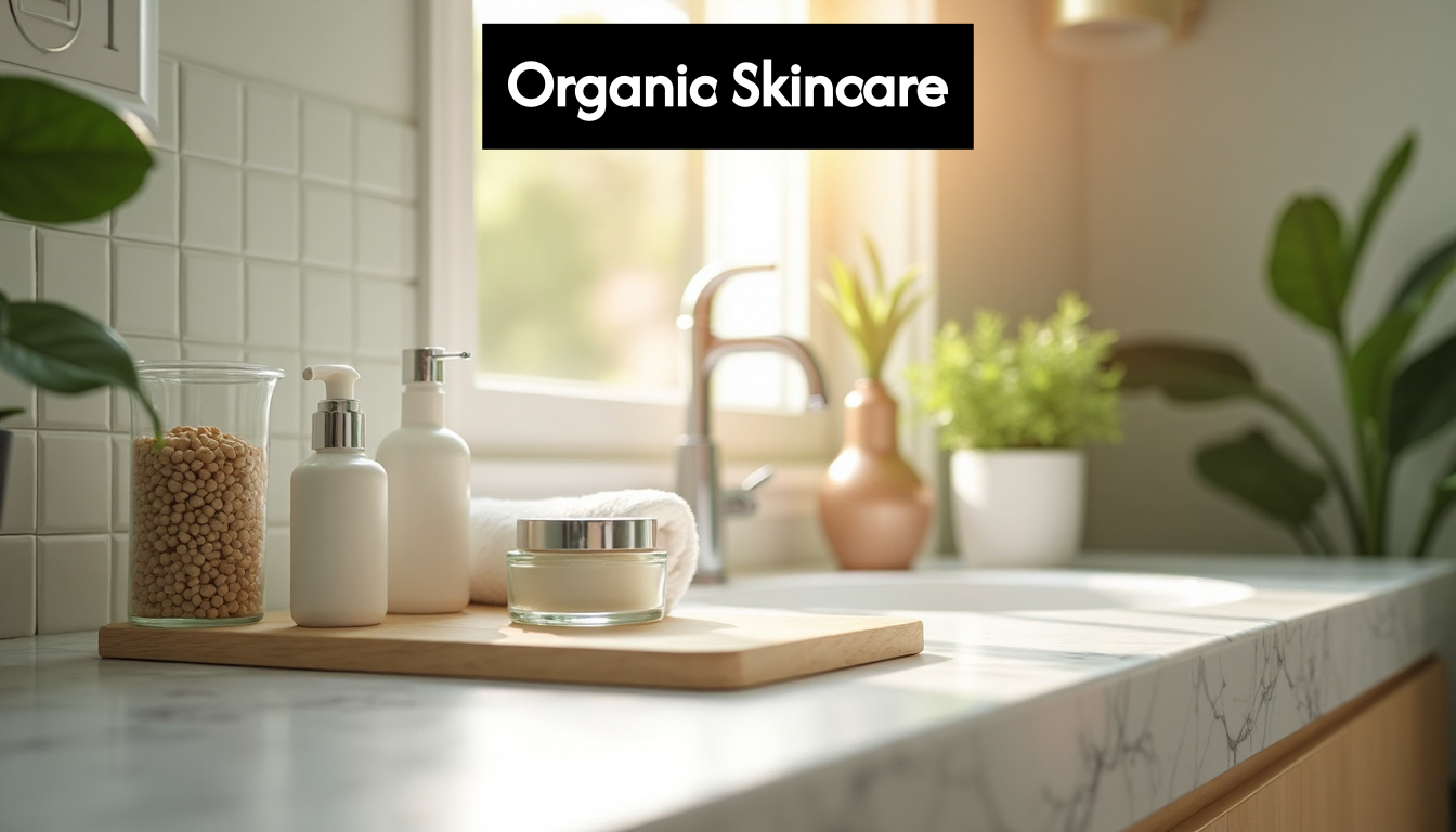 Organic skincare products on bathroom vanity