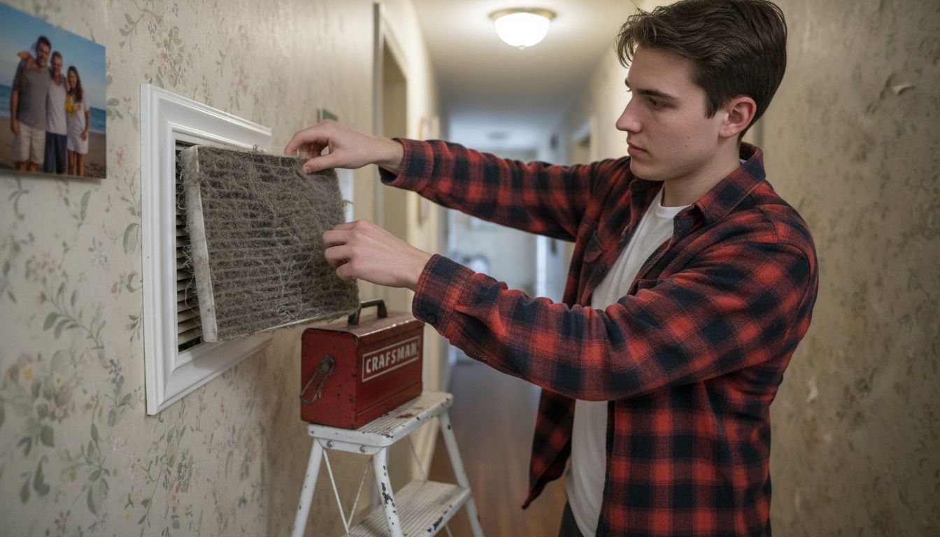 Checking dusty HVAC air filter in hallway