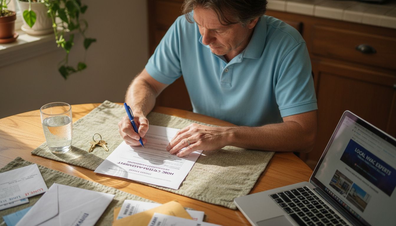 Homeowner signing HVAC agreement at kitchen table