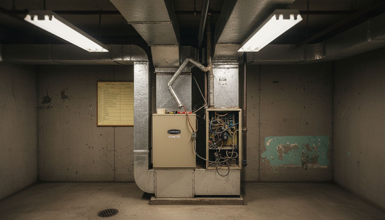 HVAC equipment installation with ductwork, including a compressor unit and exposed piping, in a concrete basement setting.