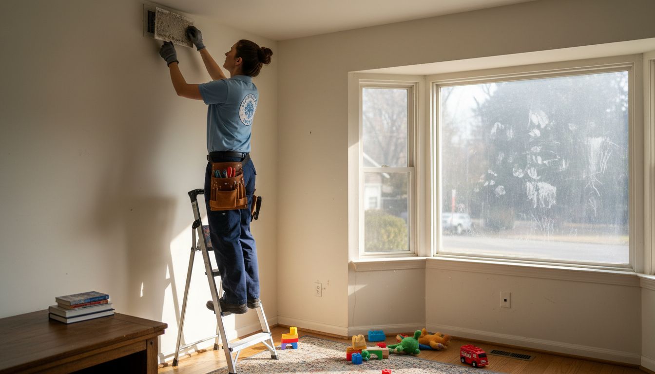 Technician replacing vent in family room