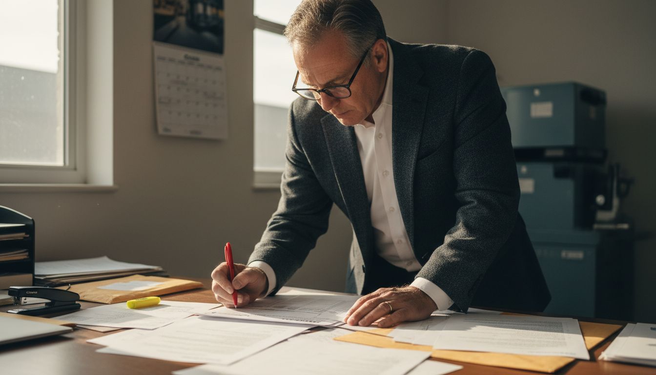 Man inspecting shipping trade documents closely