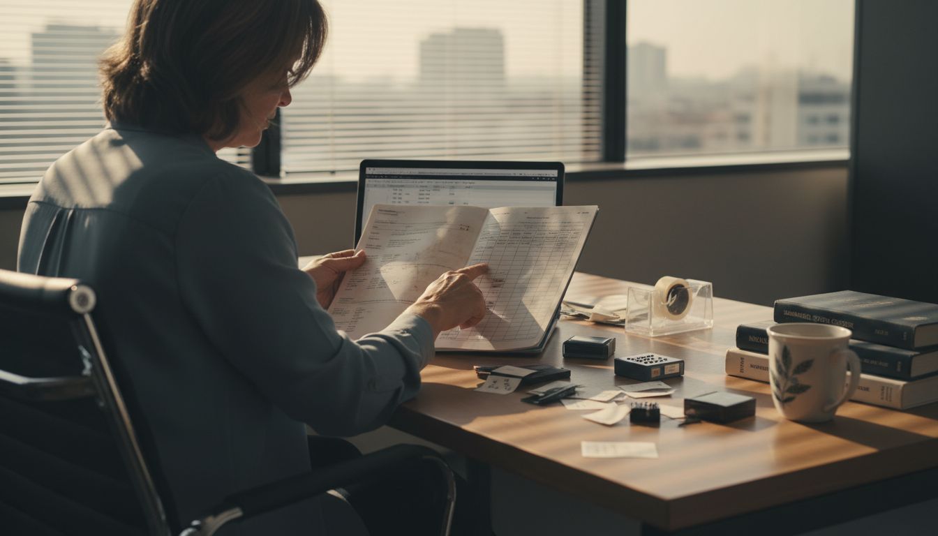 Woman classifying import goods at office desk
