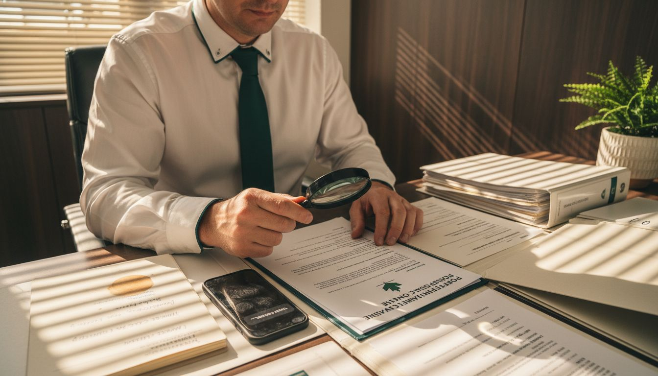Man checking broker credentials at table