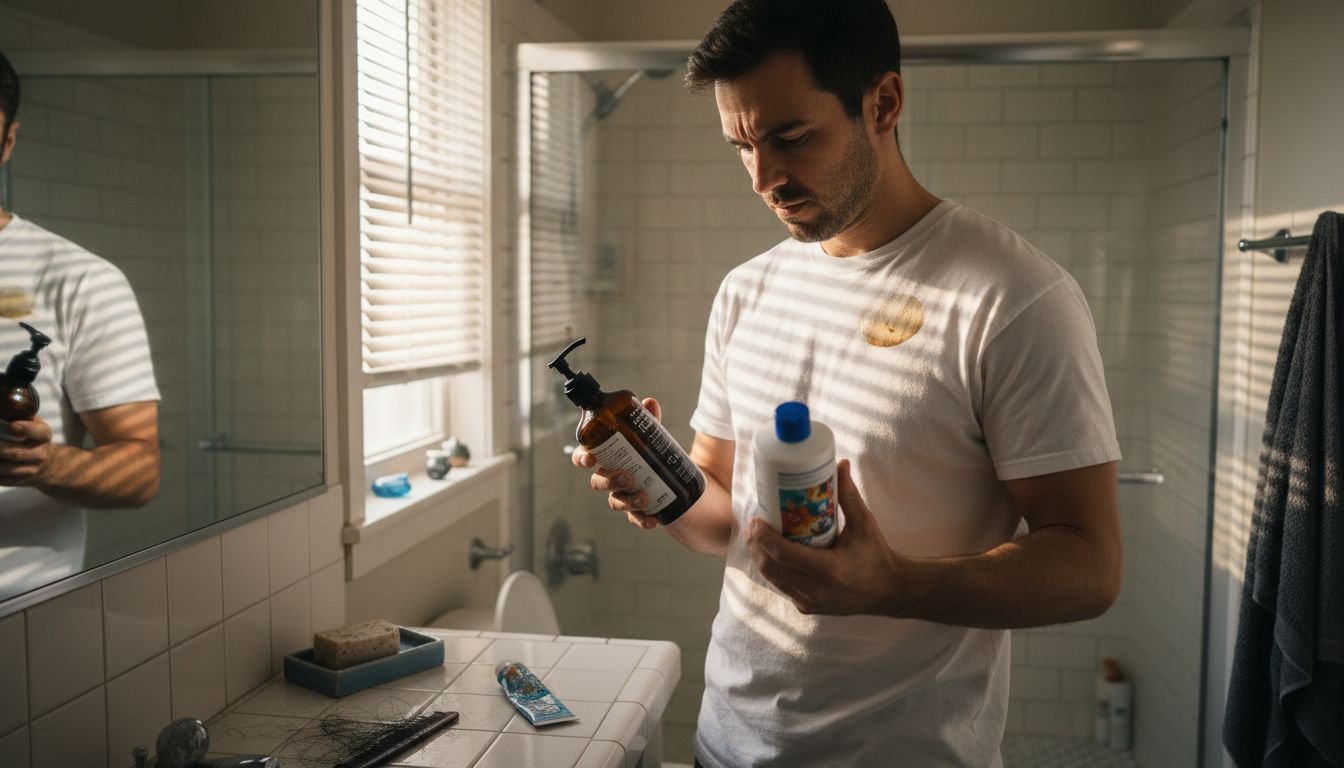 Man comparing two shampoo bottles