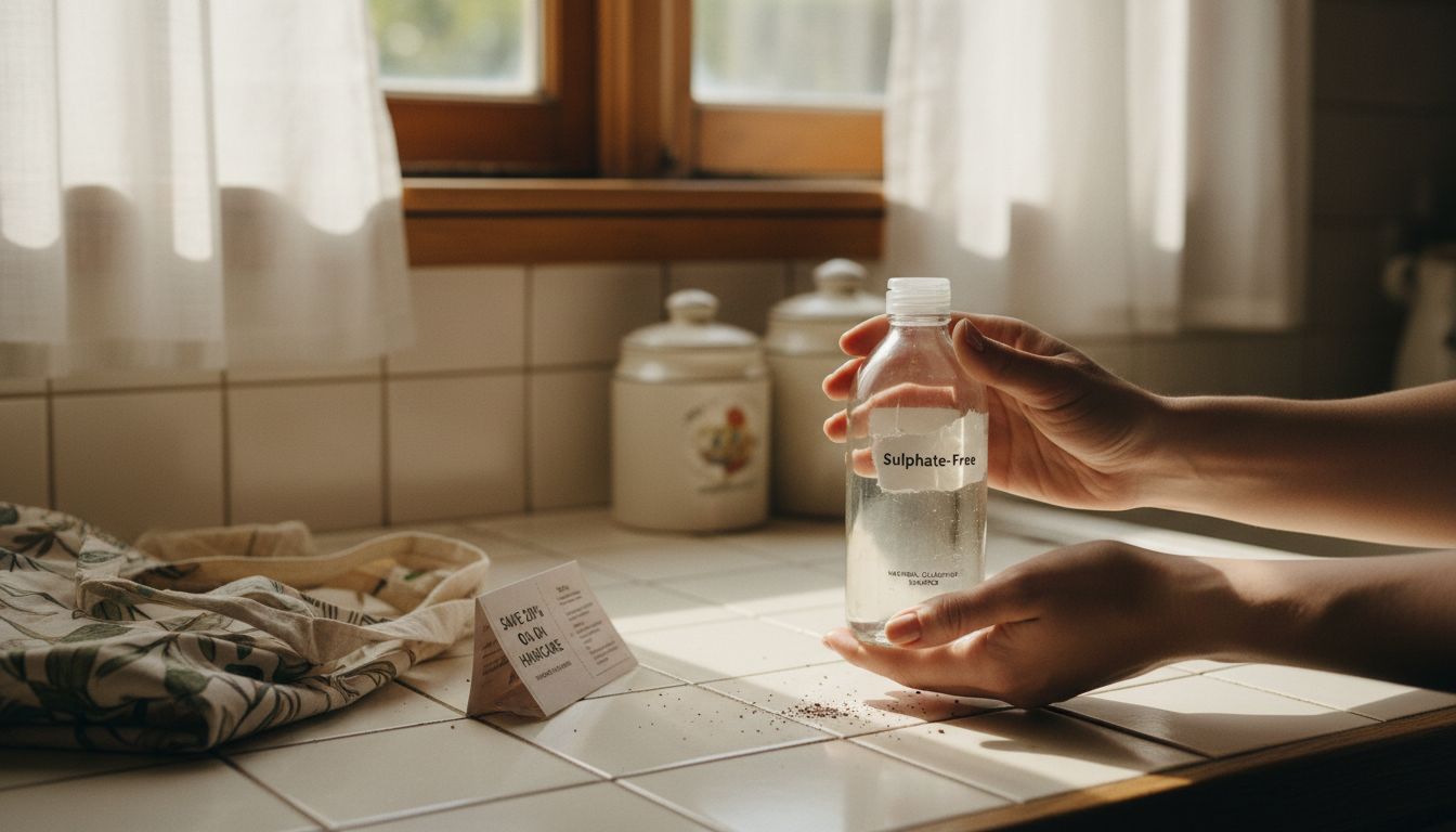 Hands examine sulfate-free shampoo label