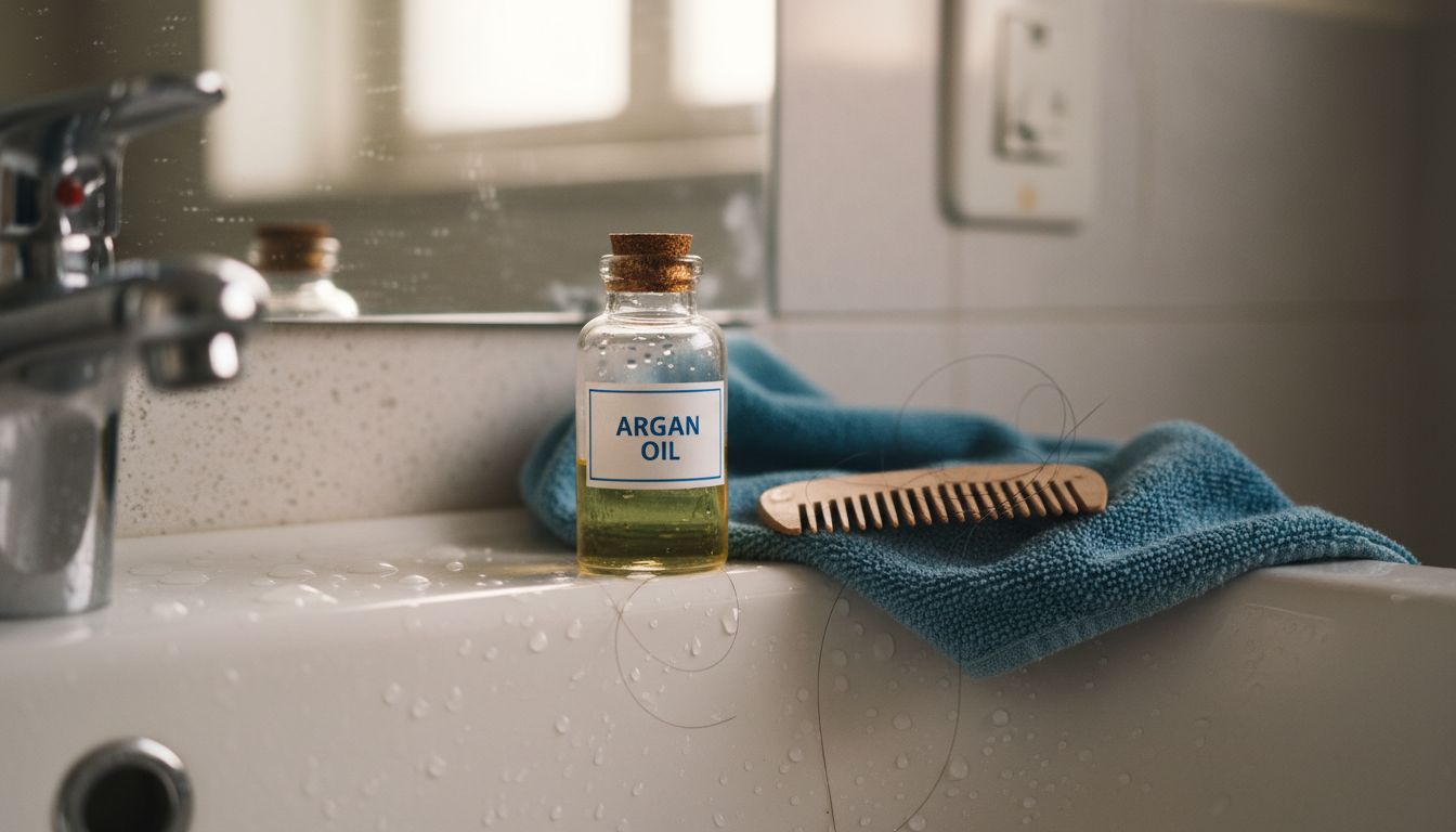 Argan oil and wooden comb on sink