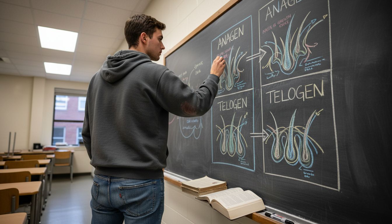 Student drawing hair growth cycle on board