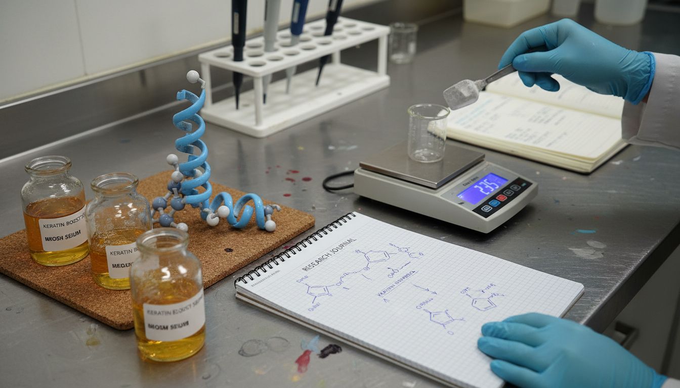 Lab bench with hair repair ingredients