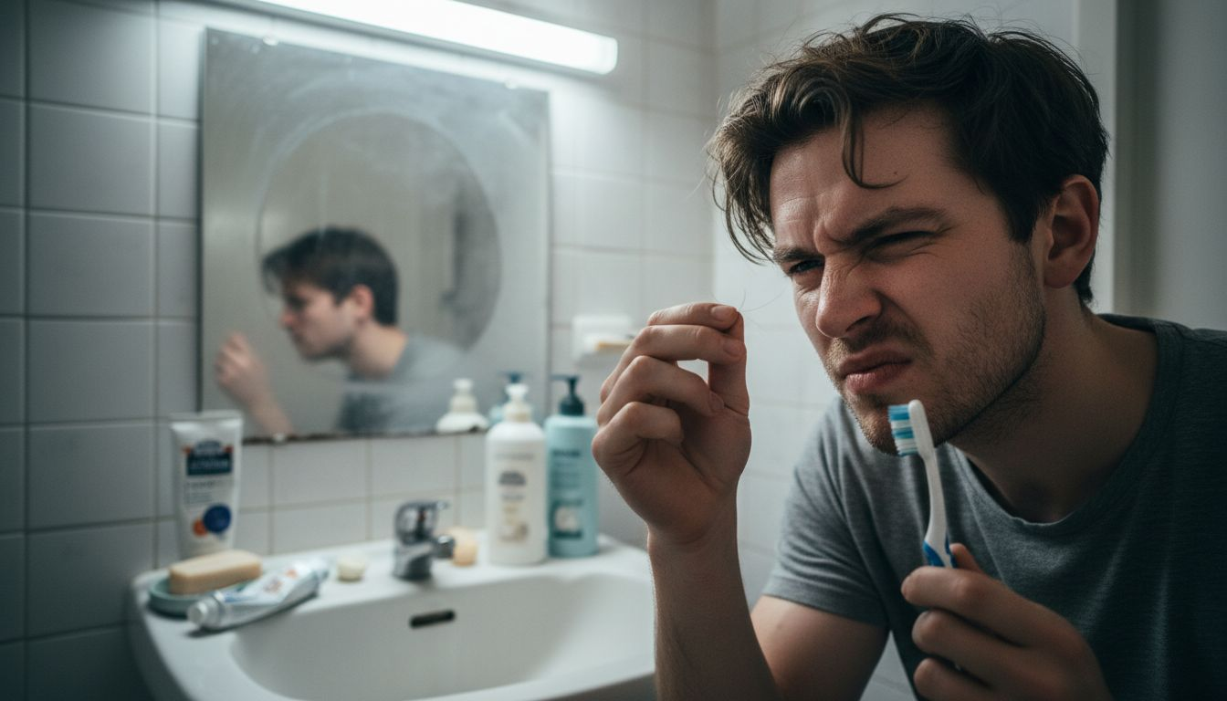 Close-up man inspecting hair strand in bathroom