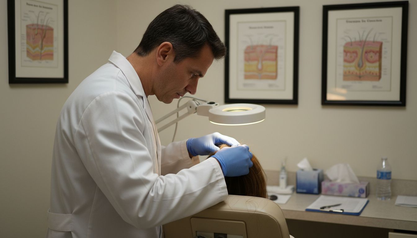 Dermatologist examining patient scalp health