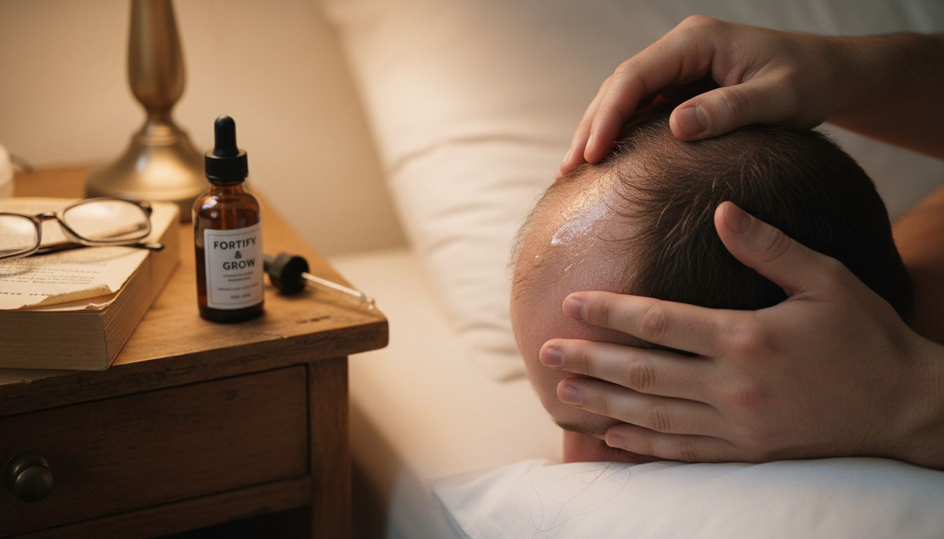 Hands massaging serum into scalp closeup