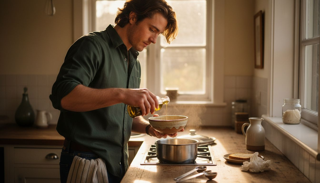 Man warming hair oil in kitchen