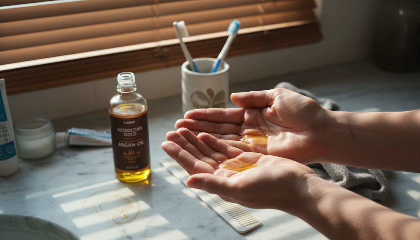 Hands warming argan oil above bathroom counter