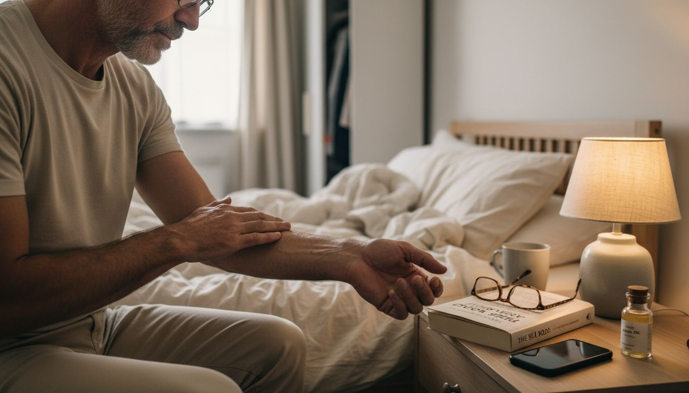 Man using argan oil on skin at bedside