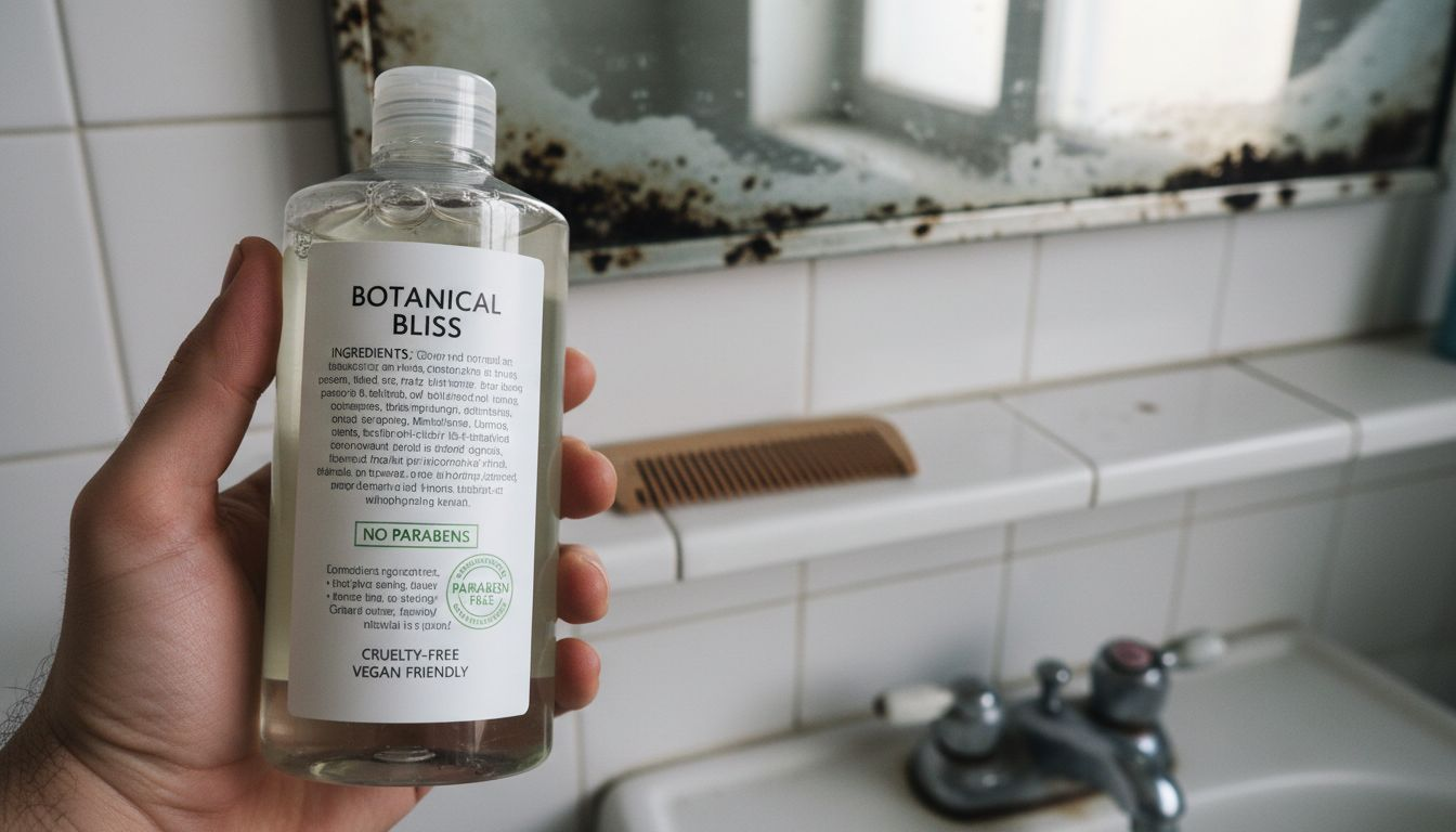 Close-up of shampoo bottle ingredients label