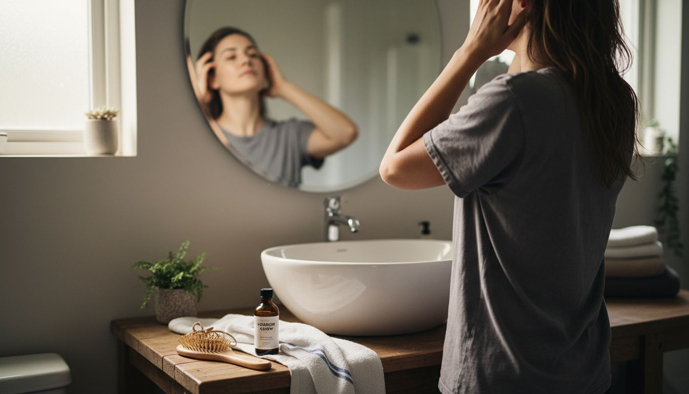 Woman applying hair oil to scalp
