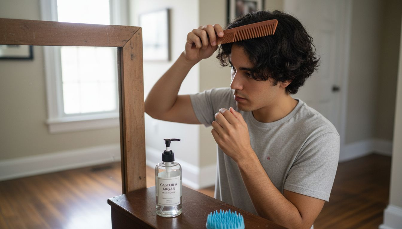 Man sectioning hair before oil application