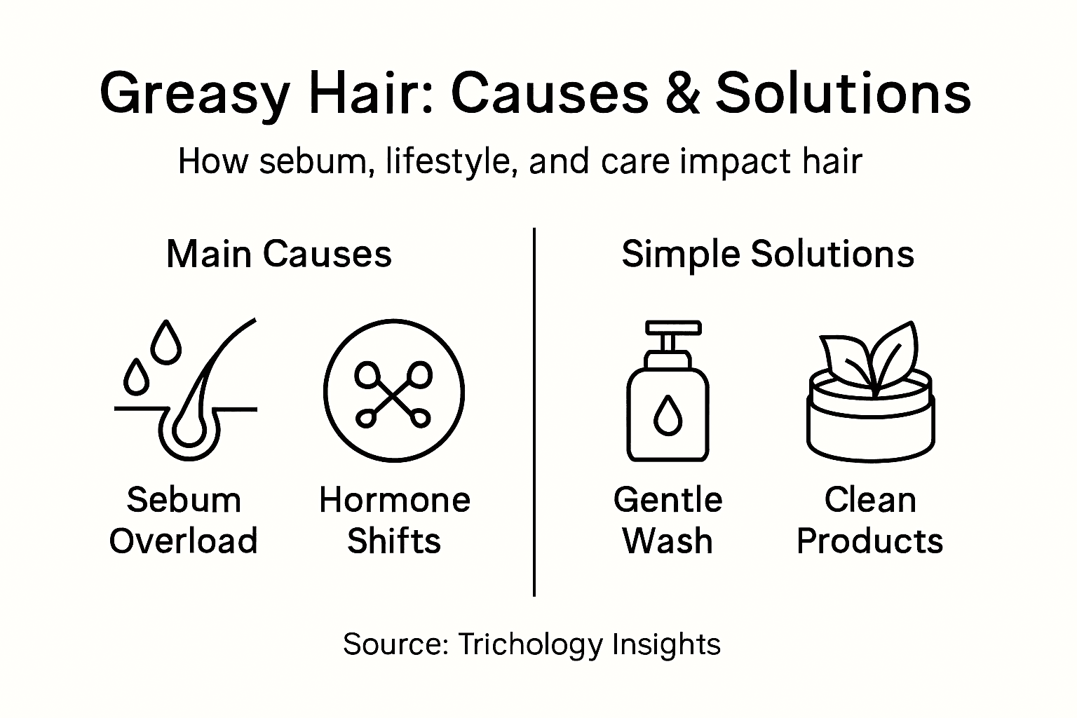 Infographic showing greasy hair causes and solutions