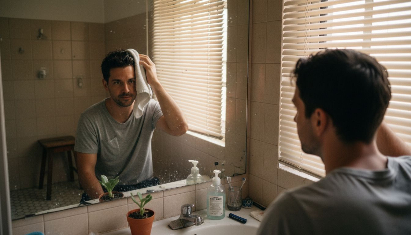 Man towel drying hair after cleansing