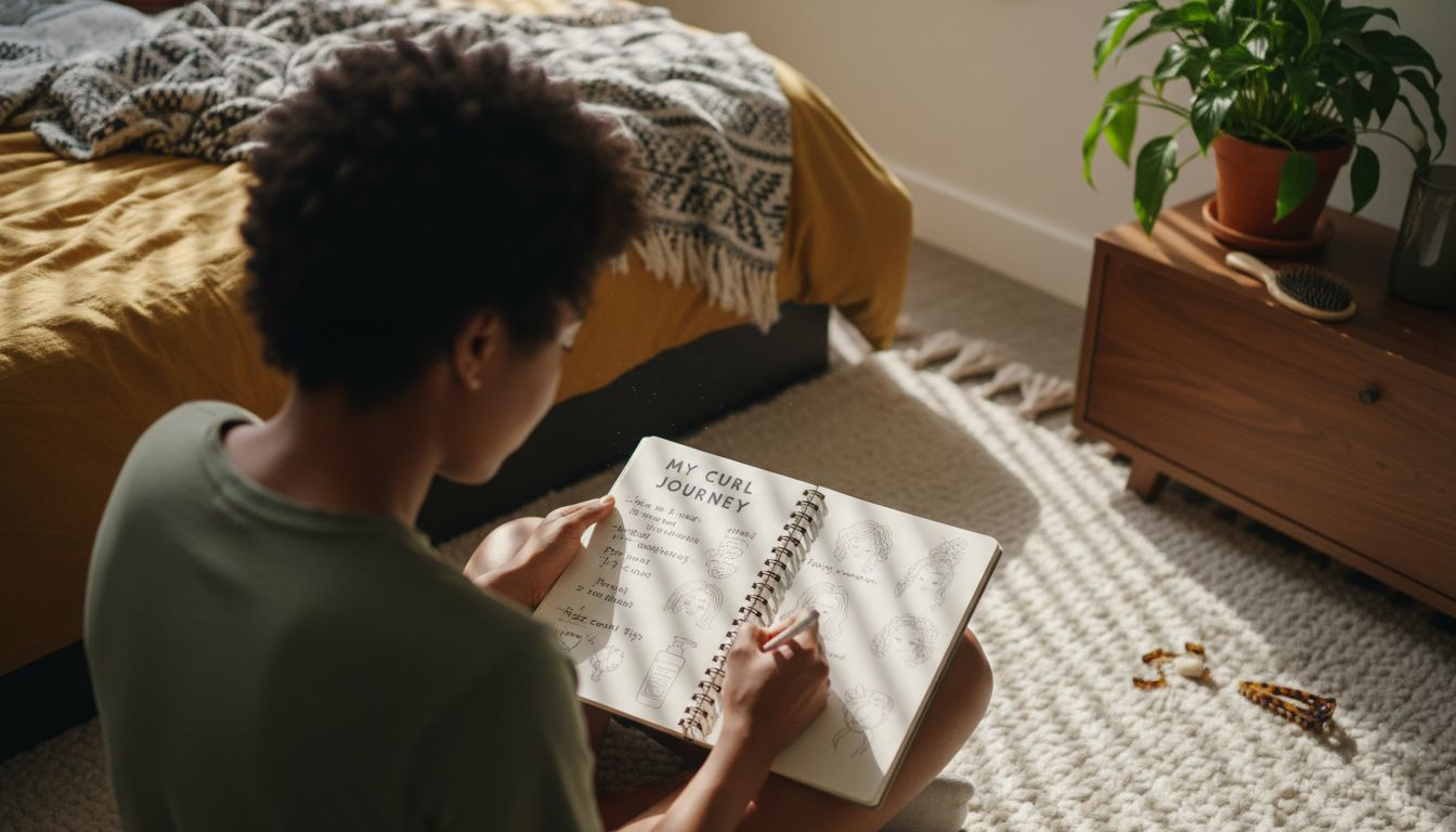 Person writing in hair care journal on rug