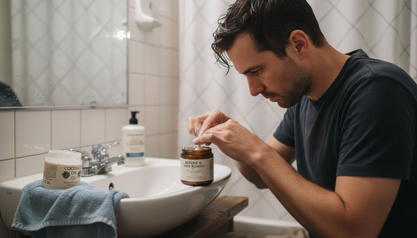 Person applying botanical hair mask at home