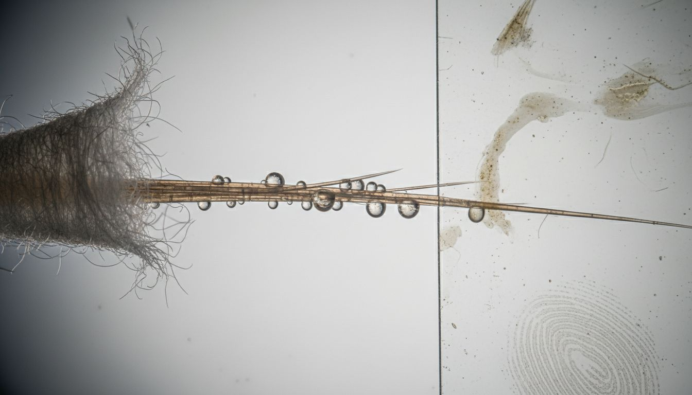 Macro of oil on hair strand laboratory setting