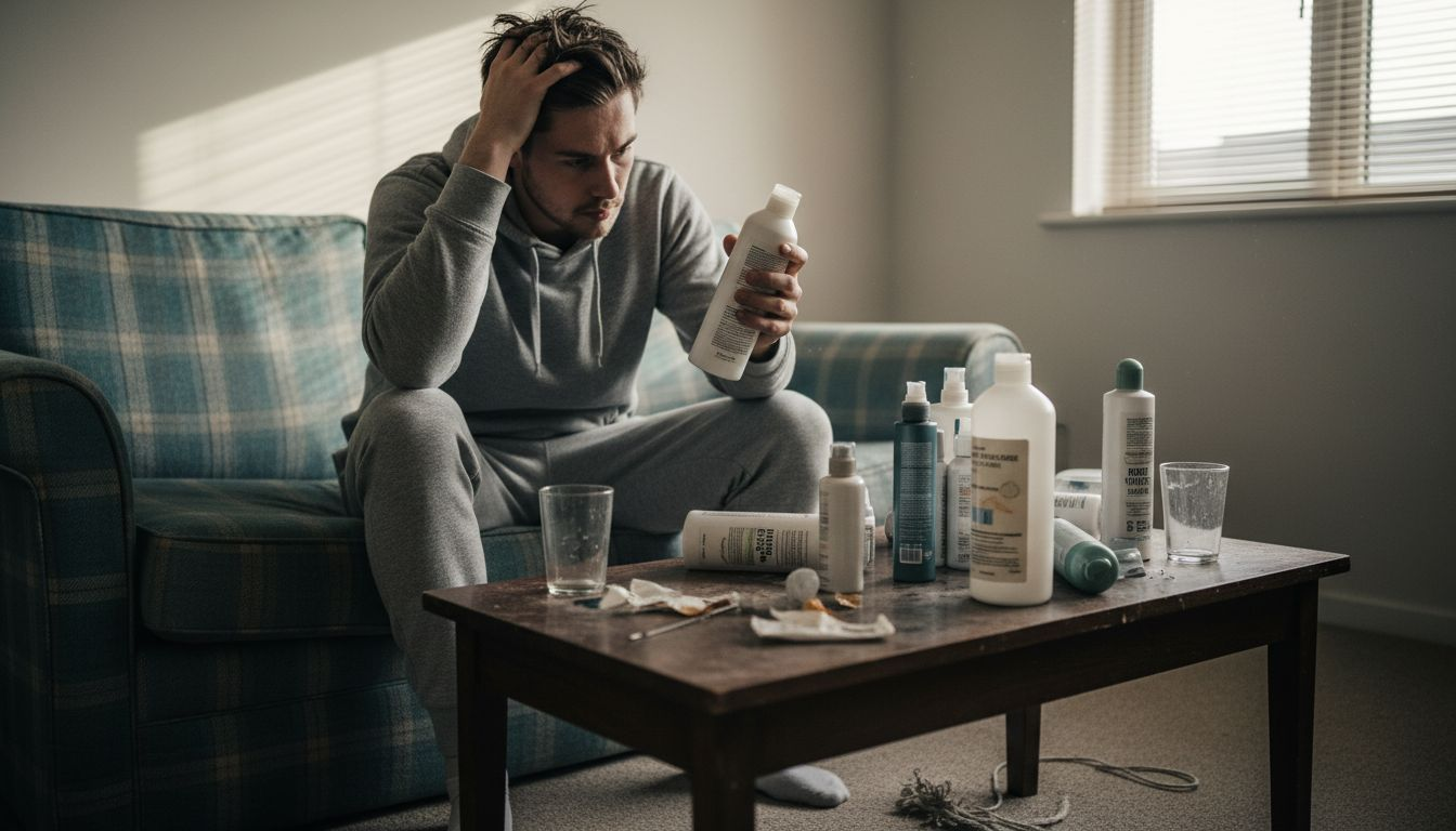 Man examines hair care products for damage