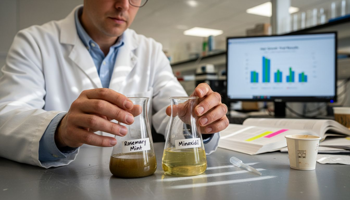 Scientist comparing rosemary mint and minoxidil samples