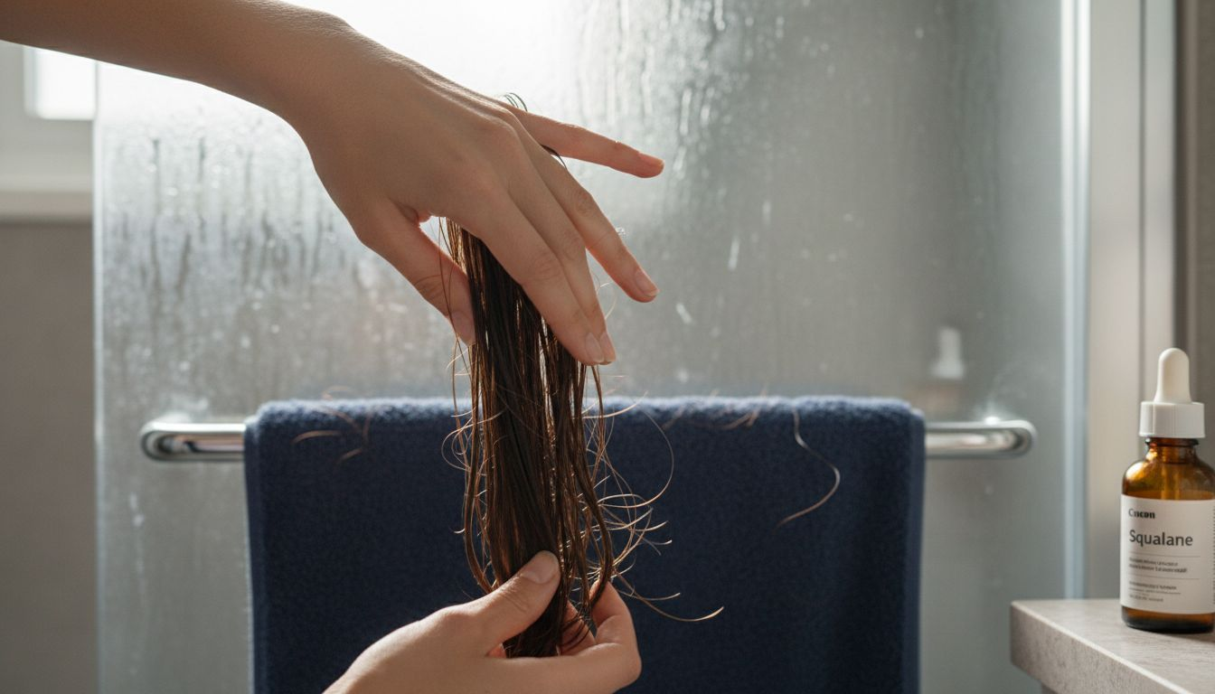 Close-up applying oil to damp hair