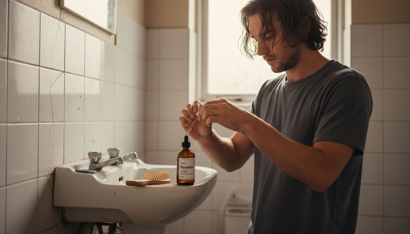 Man applying squalane oil to hair ends