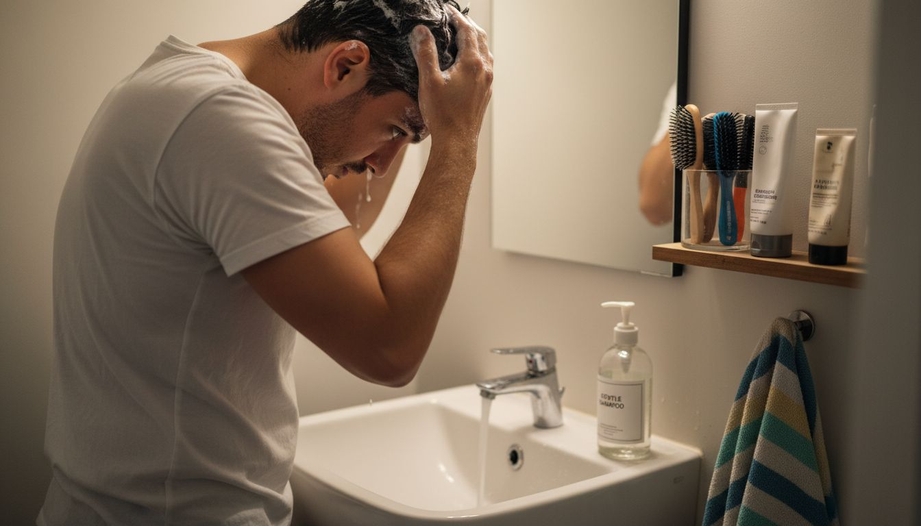 Man cleansing scalp at bathroom sink
