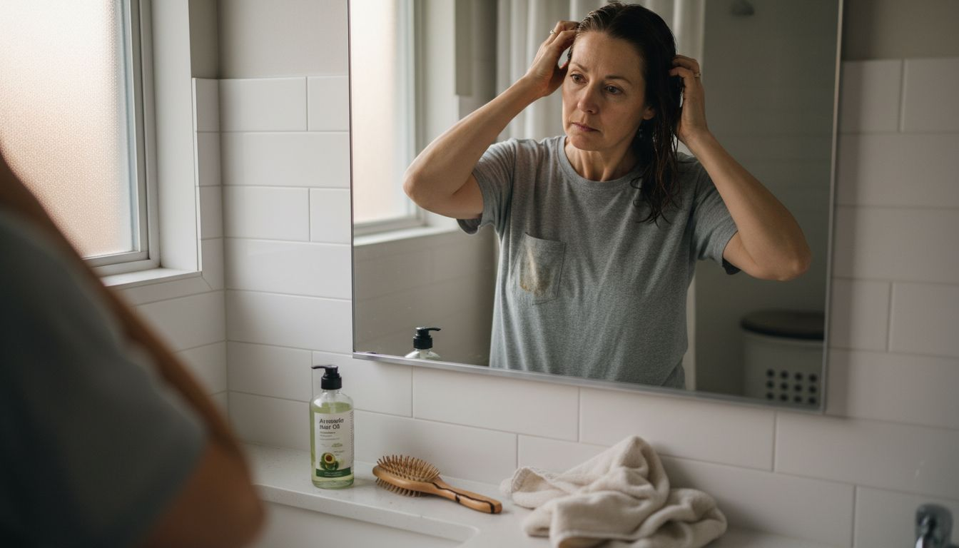 Woman applying hair oil in real home setting