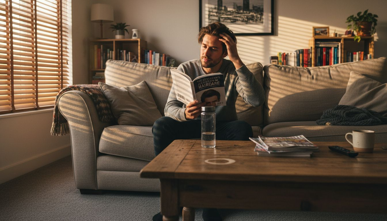 Man massaging scalp in evening living room