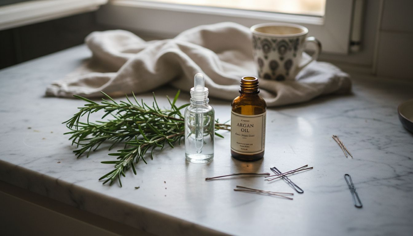 Rosemary and argan oil bottle on kitchen counter