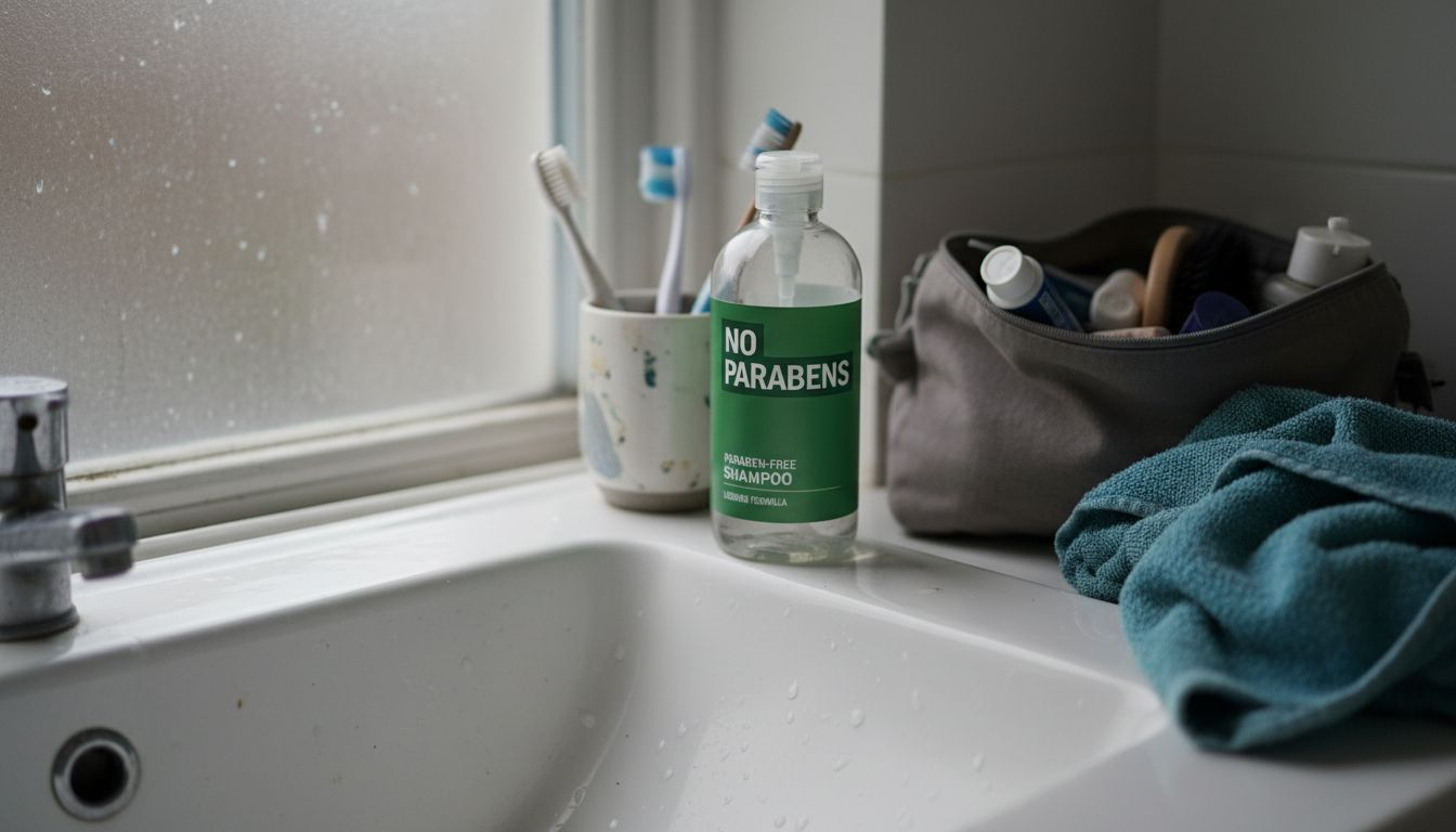 Paraben-free shampoo in lived-in bathroom setting