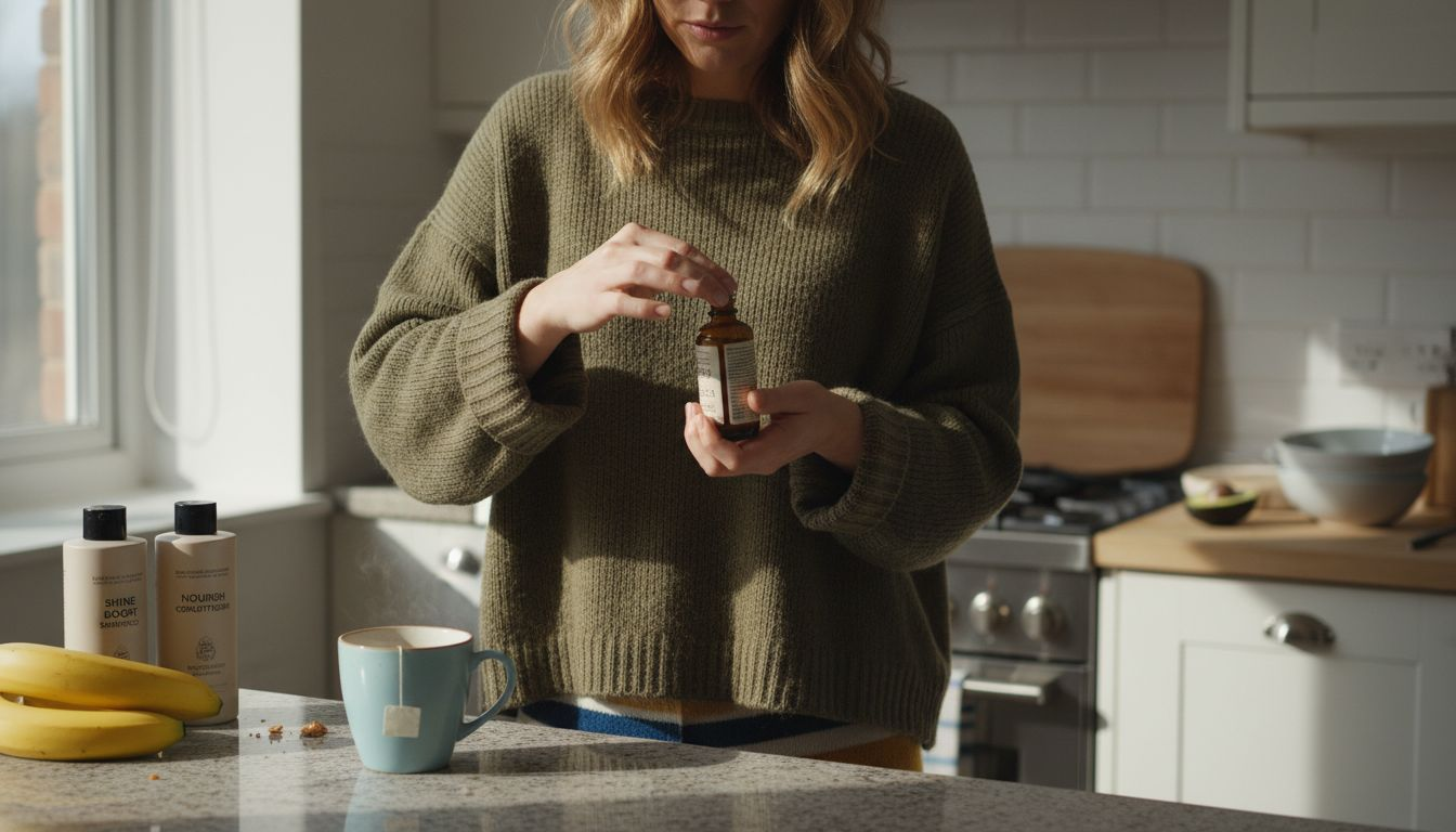 Applying argan oil to hair at kitchen