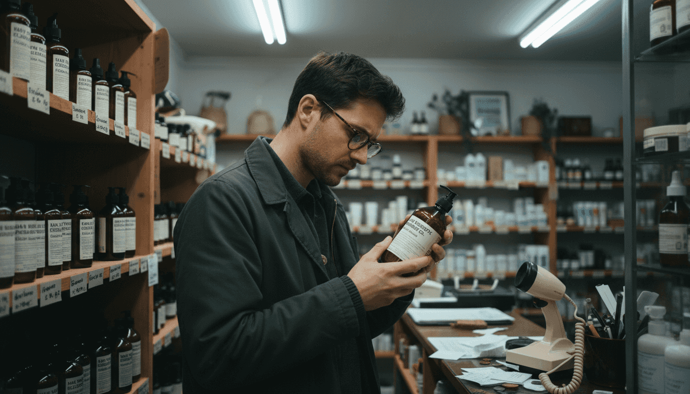 Man reading haircare ingredient label in shop